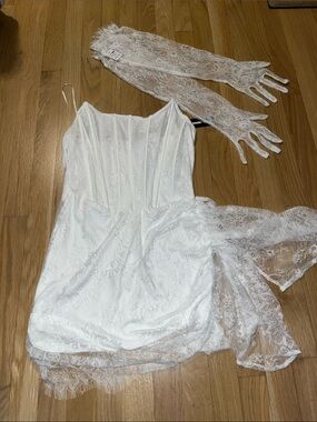 Fashion Nova White Lace Slip Dress with Matching Lace Gloves